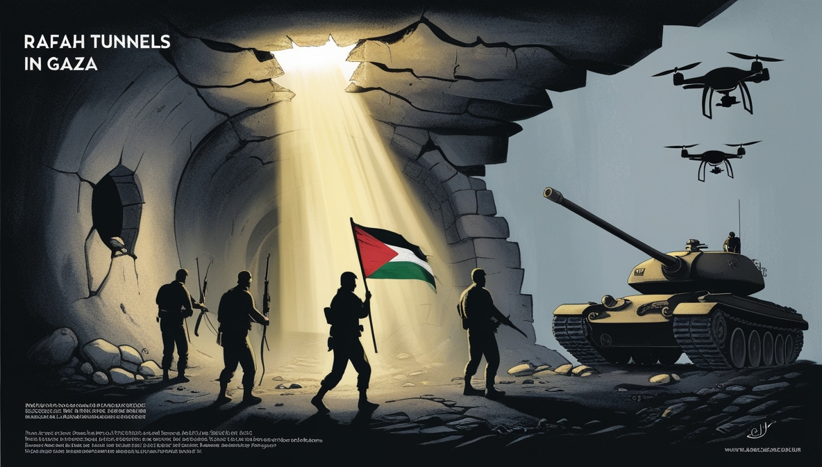 Editorial illustration of Palestinian fighters in the Rafah tunnels refusing to surrender despite siege.