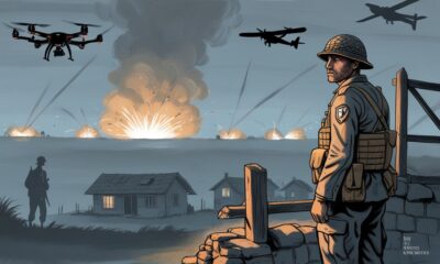 A Lebanese soldier stands alone at night near the border, refusing orders to raid civilian homes as drones hover above.