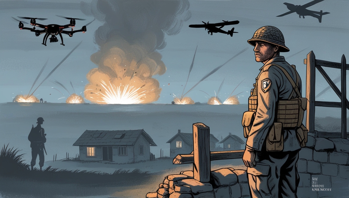 A Lebanese soldier stands alone at night near the border, refusing orders to raid civilian homes as drones hover above.