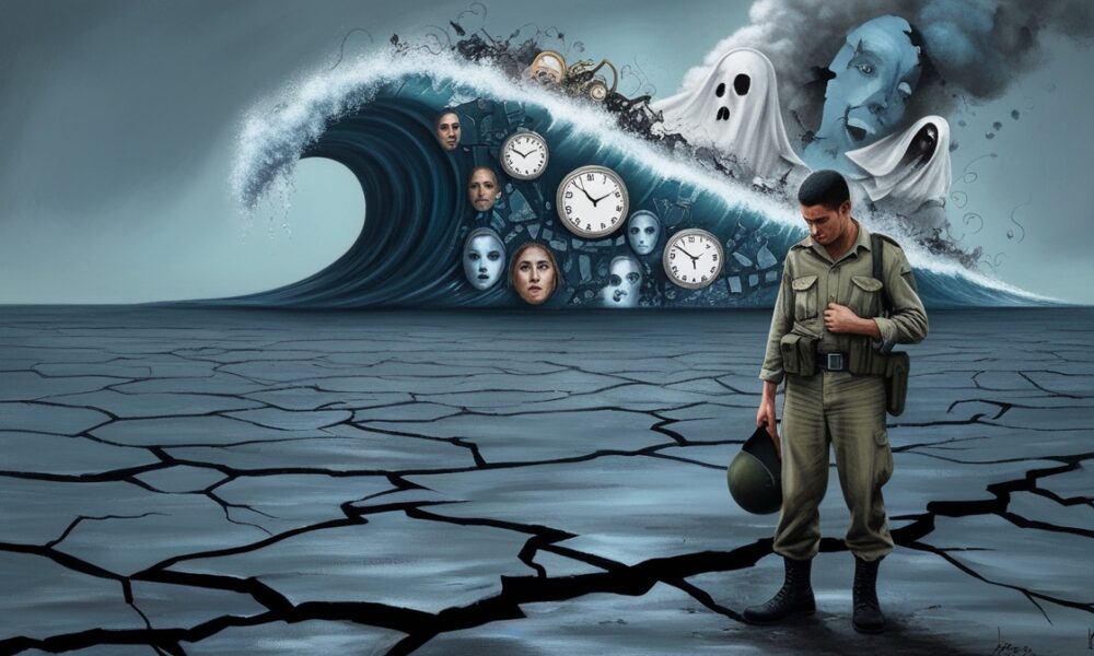 Ilustrasi prajurit Israel berdiri di hadapan gelombang besar metaforis yang melambangkan tsunami kesehatan mental.