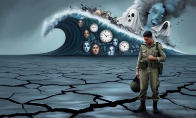 Ilustrasi prajurit Israel berdiri di hadapan gelombang besar metaforis yang melambangkan tsunami kesehatan mental.