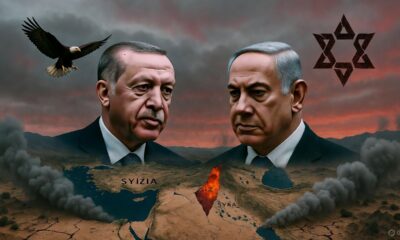 Editorial illustration of Turkey and Israel facing off over Syria, with Gaza burning in between, symbolizing the clash of geopolitics and moral claims.
