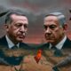 Editorial illustration of Turkey and Israel facing off over Syria, with Gaza burning in between, symbolizing the clash of geopolitics and moral claims.
