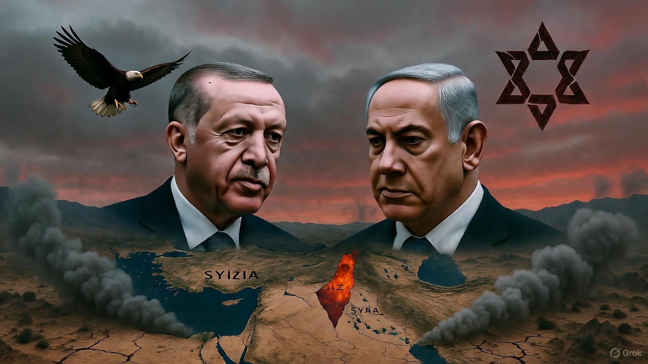 Editorial illustration of Turkey and Israel facing off over Syria, with Gaza burning in between, symbolizing the clash of geopolitics and moral claims.