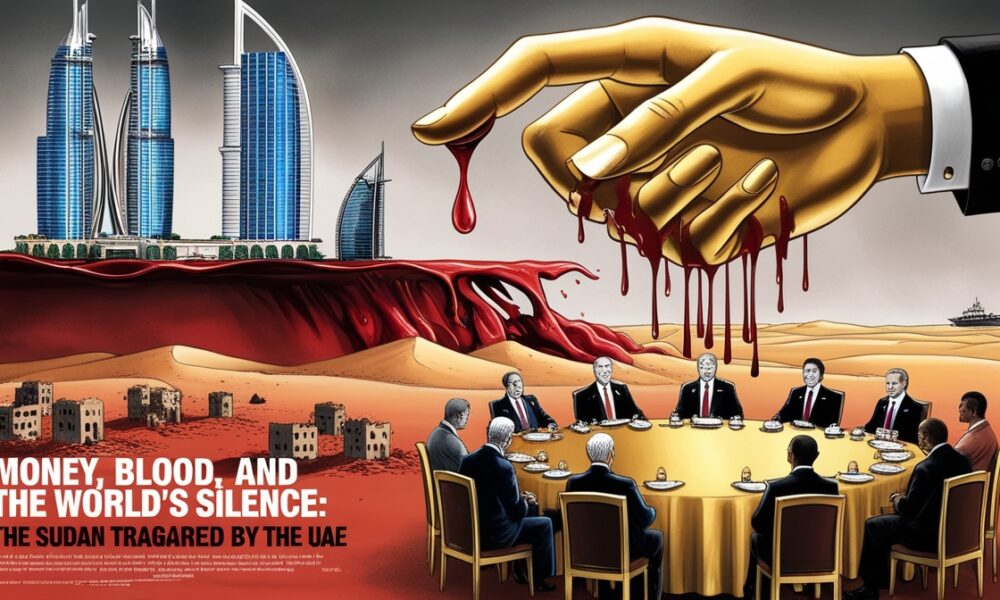 Ilustrasi editorial simbolik keterlibatan UEA dalam tragedi Sudan, menggambarkan aliran uang dan darah di gurun yang sunyi.