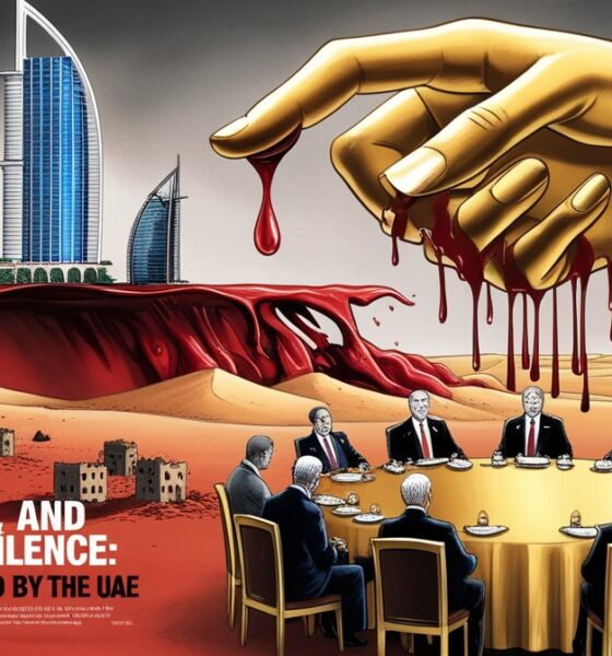 Ilustrasi editorial simbolik keterlibatan UEA dalam tragedi Sudan, menggambarkan aliran uang dan darah di gurun yang sunyi.