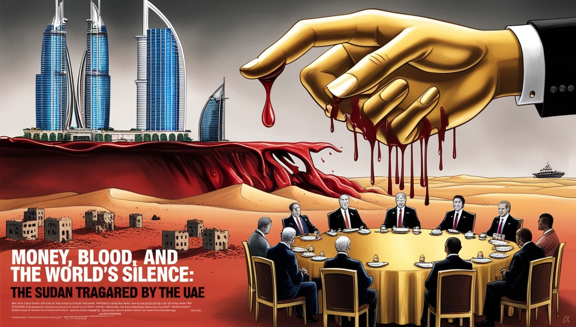 Ilustrasi editorial simbolik keterlibatan UEA dalam tragedi Sudan, menggambarkan aliran uang dan darah di gurun yang sunyi.