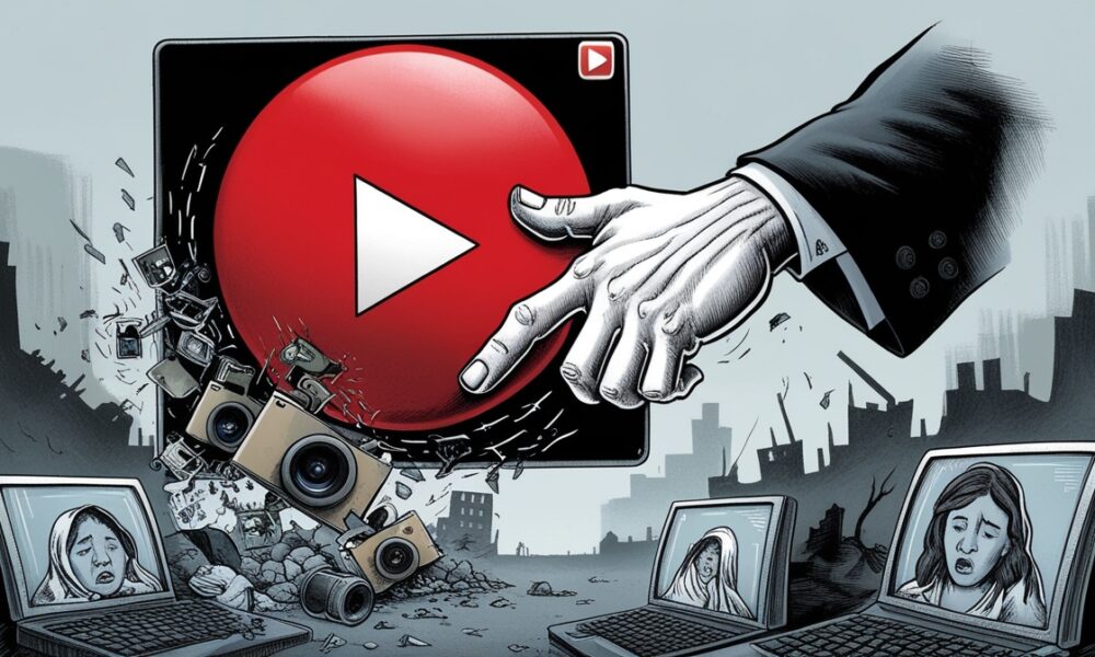 Ilustrasi editorial YouTube membungkam kebenaran tentang Gaza.