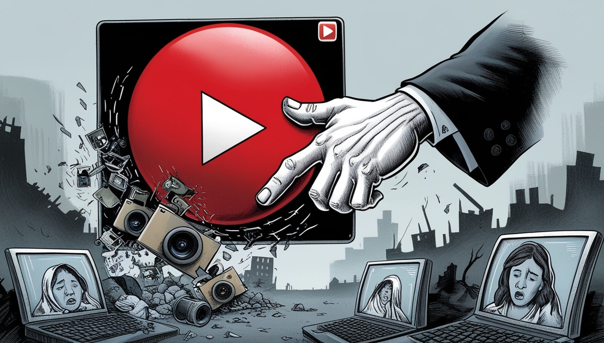 Ilustrasi editorial YouTube membungkam kebenaran tentang Gaza.