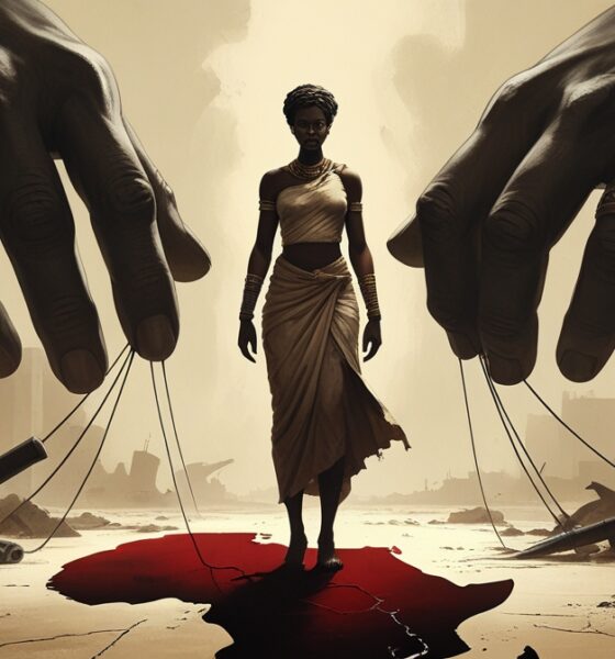 Ilustrasi editorial Afrika terluka berdiri di atas peta benua retak, dengan bayangan tangan kekuatan Teluk yang memanipulasi konflik dari kejauhan.