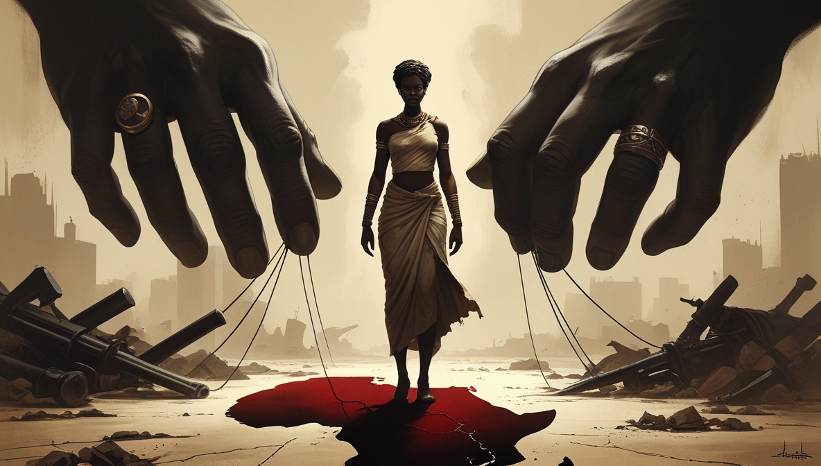 Ilustrasi editorial Afrika terluka berdiri di atas peta benua retak, dengan bayangan tangan kekuatan Teluk yang memanipulasi konflik dari kejauhan.
