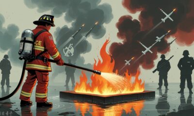 Ilustrasi satir peran Amerika Serikat dalam konflik China–Taiwan, digambarkan sebagai pemadam kebakaran yang menyiram bensin ke api ketegangan geopolitik.