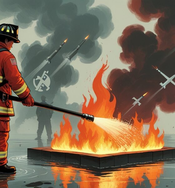 Ilustrasi satir peran Amerika Serikat dalam konflik China–Taiwan, digambarkan sebagai pemadam kebakaran yang menyiram bensin ke api ketegangan geopolitik.