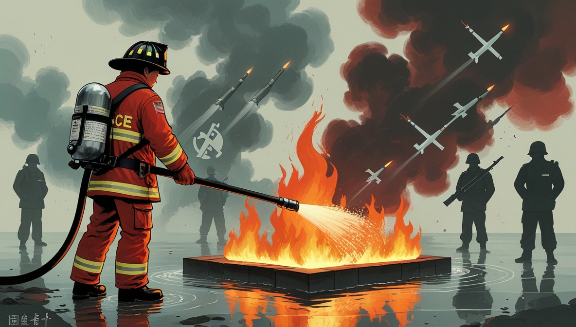 Ilustrasi satir peran Amerika Serikat dalam konflik China–Taiwan, digambarkan sebagai pemadam kebakaran yang menyiram bensin ke api ketegangan geopolitik.