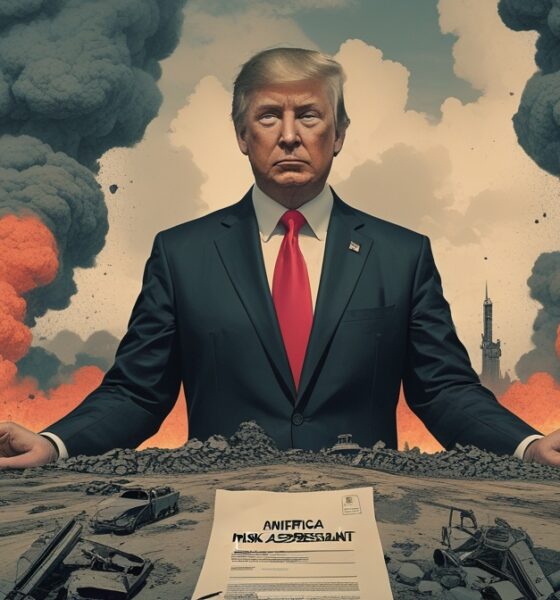 Ilustrasi editorial peta dunia retak dengan sosok anonim simbol Amerika Serikat menarik benang konflik global 2026