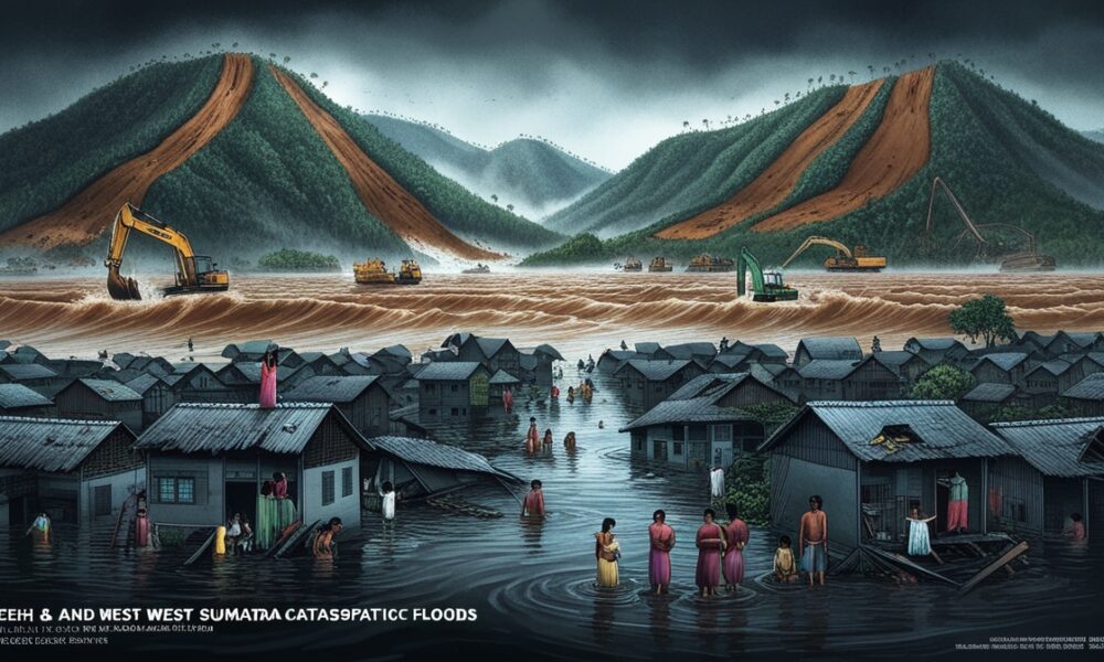 Ilustrasi editorial menampilkan desa-desa di Aceh dan Sumatera Barat yang terendam banjir, dengan lereng bukit gundul di latar belakang tempat alat berat masih beroperasi, menggambarkan keterkaitan antara deforestasi dan bencana.