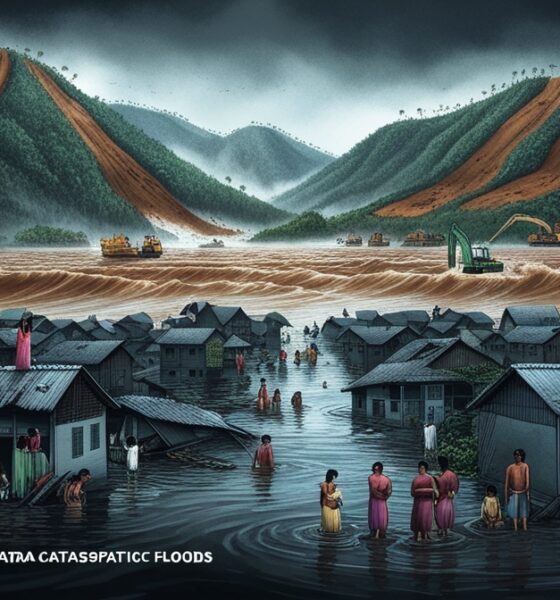 Ilustrasi editorial menampilkan desa-desa di Aceh dan Sumatera Barat yang terendam banjir, dengan lereng bukit gundul di latar belakang tempat alat berat masih beroperasi, menggambarkan keterkaitan antara deforestasi dan bencana.