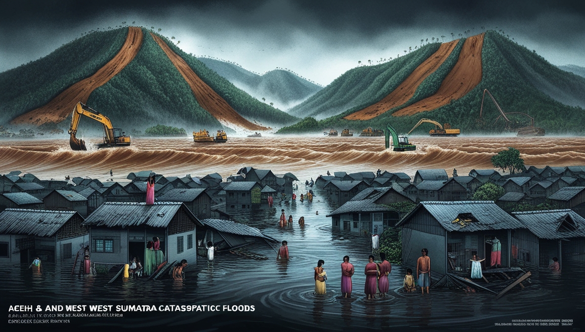 Ilustrasi editorial menampilkan desa-desa di Aceh dan Sumatera Barat yang terendam banjir, dengan lereng bukit gundul di latar belakang tempat alat berat masih beroperasi, menggambarkan keterkaitan antara deforestasi dan bencana.