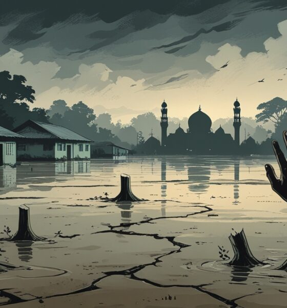 Ilustrasi editorial bencana Aceh, banjir dan longsor akibat kerusakan lingkungan serta absennya negara dan diamnya agamawan