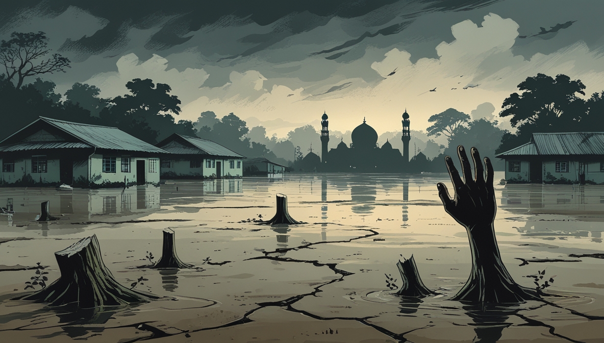 Ilustrasi editorial bencana Aceh, banjir dan longsor akibat kerusakan lingkungan serta absennya negara dan diamnya agamawan
