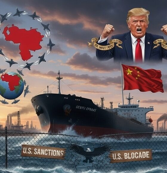 Ilustrasi editorial sinematik format landscape menampilkan kapal tanker raksasa berbendera China yang melintasi kawat berduri simbolis "US Sanctions & Blocade" di laut. Di latar belakang, tampak wajah Donald Trump yang ekspresif di antara awan mendung dan kapal perang AS yang berjaga, menggambarkan kegagalan blokade energi Venezuela terhadap kekuatan besar.