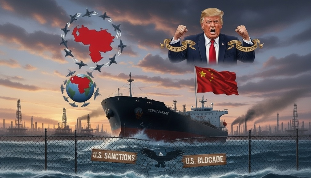 Ilustrasi editorial sinematik format landscape menampilkan kapal tanker raksasa berbendera China yang melintasi kawat berduri simbolis "US Sanctions & Blocade" di laut. Di latar belakang, tampak wajah Donald Trump yang ekspresif di antara awan mendung dan kapal perang AS yang berjaga, menggambarkan kegagalan blokade energi Venezuela terhadap kekuatan besar.