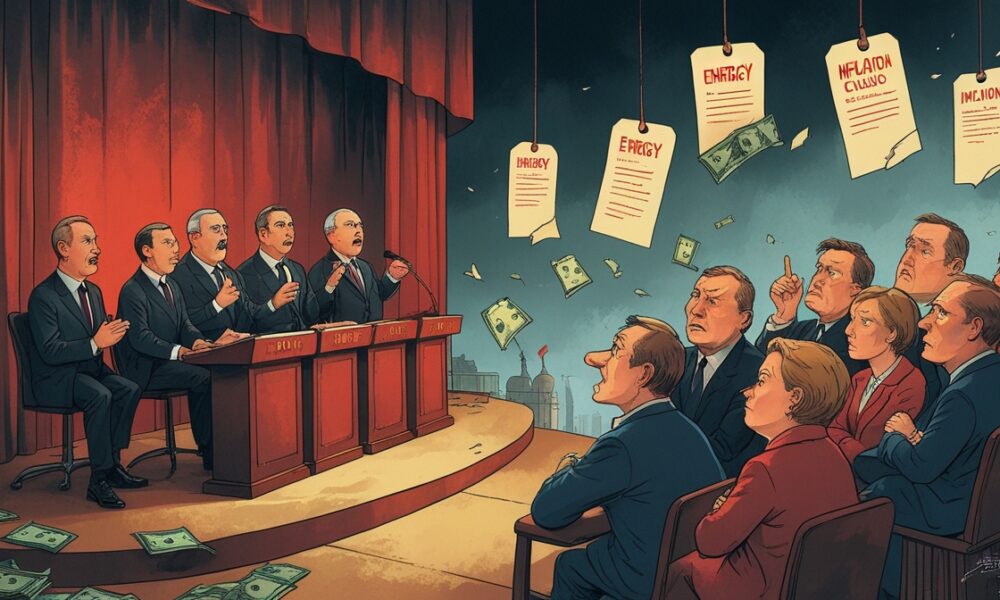 Satirical illustration of European officials exaggerating Russian threat while citizens face economic struggles.