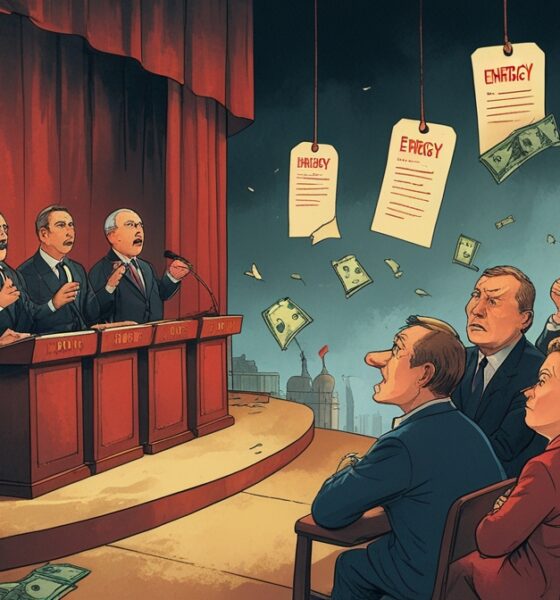 Satirical illustration of European officials exaggerating Russian threat while citizens face economic struggles.