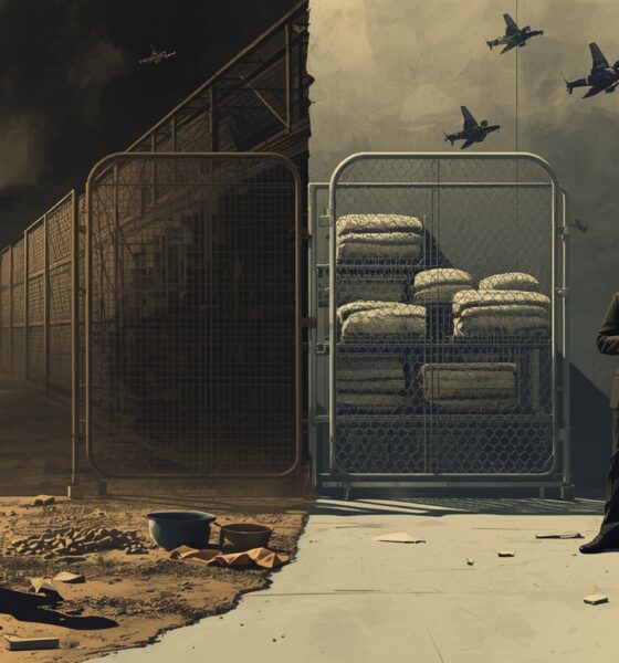 Ilustrasi editorial tentang Gaza yang menunjukkan gudang bantuan terkunci, warga sipil kelaparan, dan figur bisnis tanpa wajah sebagai simbol monopoli bantuan kemanusiaan.