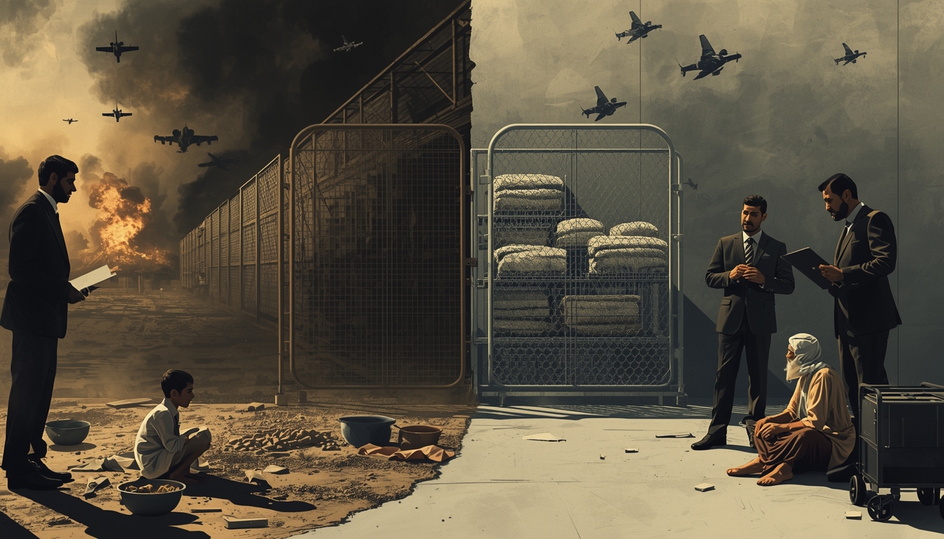 Ilustrasi editorial tentang Gaza yang menunjukkan gudang bantuan terkunci, warga sipil kelaparan, dan figur bisnis tanpa wajah sebagai simbol monopoli bantuan kemanusiaan.