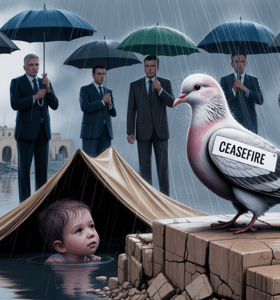 Ilustrasi editorial seekor merpati putih bertuliskan “Ceasefire” berdiri di atas puing Gaza saat hujan dingin turun, sementara tangan kecil anak menjulur dari bawah tenda pengungsian yang tergenang.