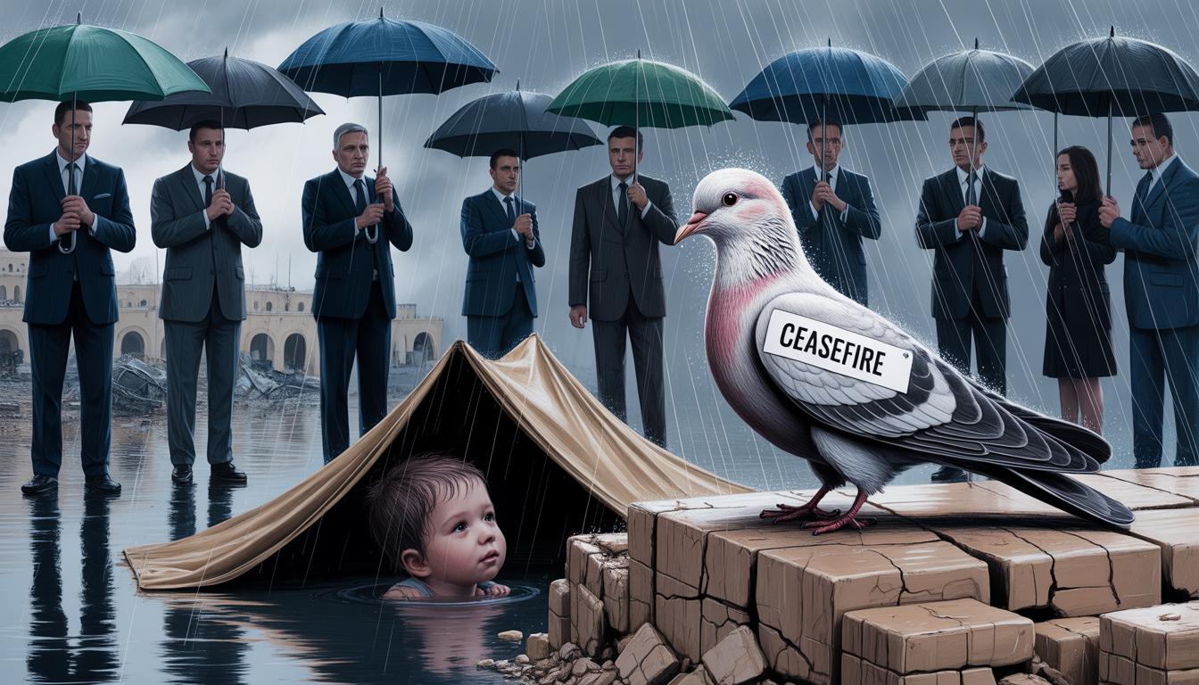 Ilustrasi editorial seekor merpati putih bertuliskan “Ceasefire” berdiri di atas puing Gaza saat hujan dingin turun, sementara tangan kecil anak menjulur dari bawah tenda pengungsian yang tergenang.