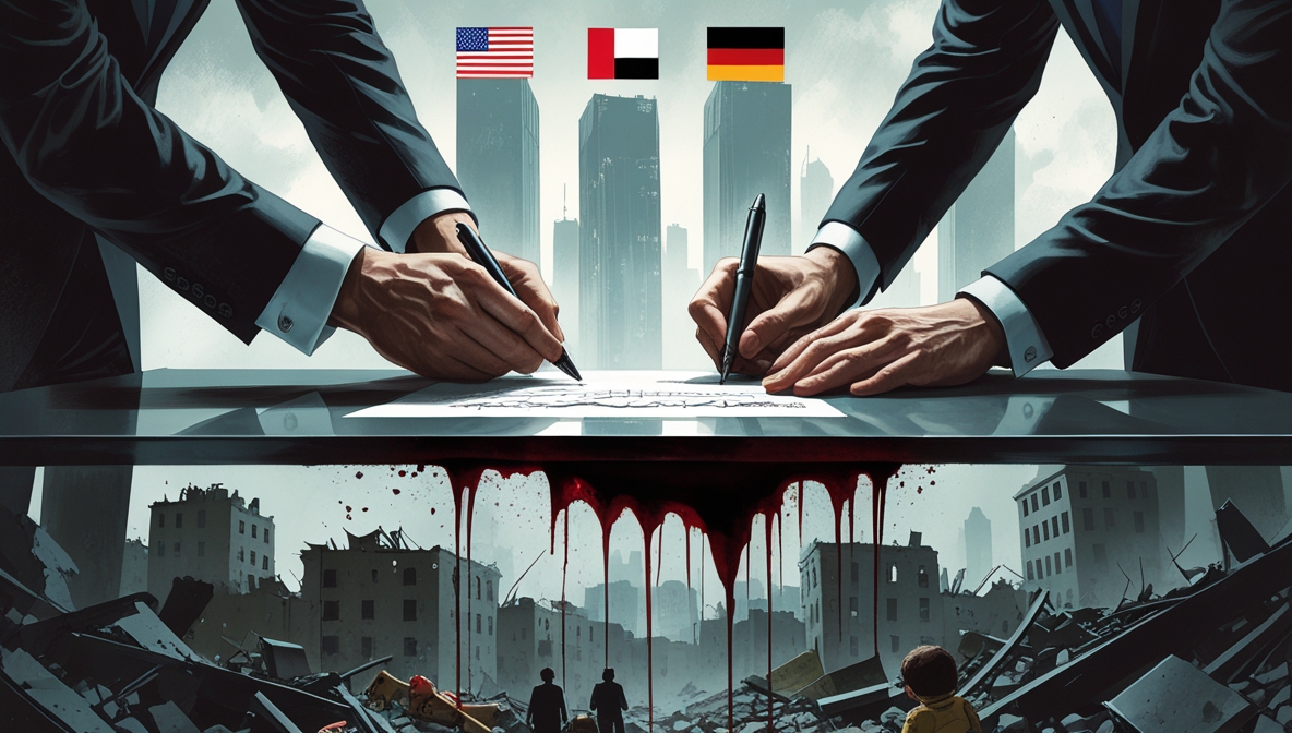 Ilustrasi editorial tentang kontrak senjata Israel yang ditandatangani dunia internasional di atas kehancuran Gaza.