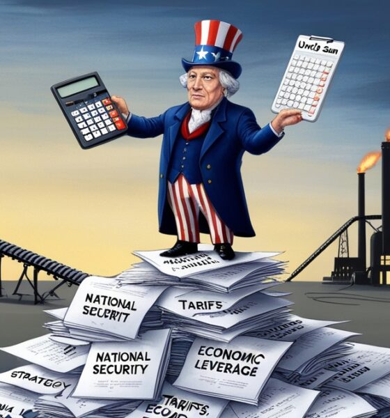 An editorial illustration of Uncle Sam standing on policy documents with a calculator, surrounded by declining U.S. industries while China’s factories shine in the distance.