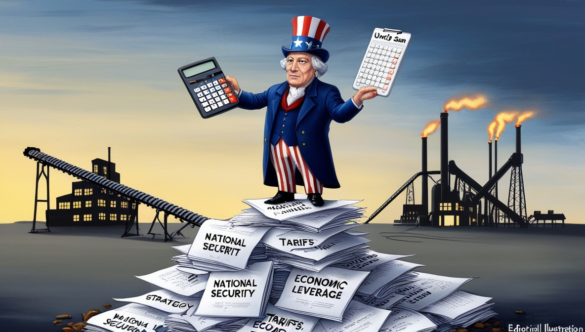 An editorial illustration of Uncle Sam standing on policy documents with a calculator, surrounded by declining U.S. industries while China’s factories shine in the distance.