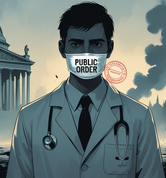 Ilustrasi editorial seorang dokter dengan mulut tertutup dokumen hukum, berlatar gedung pemerintahan dan bayangan krisis kemanusiaan, melambangkan pembungkaman suara kritis di Inggris.