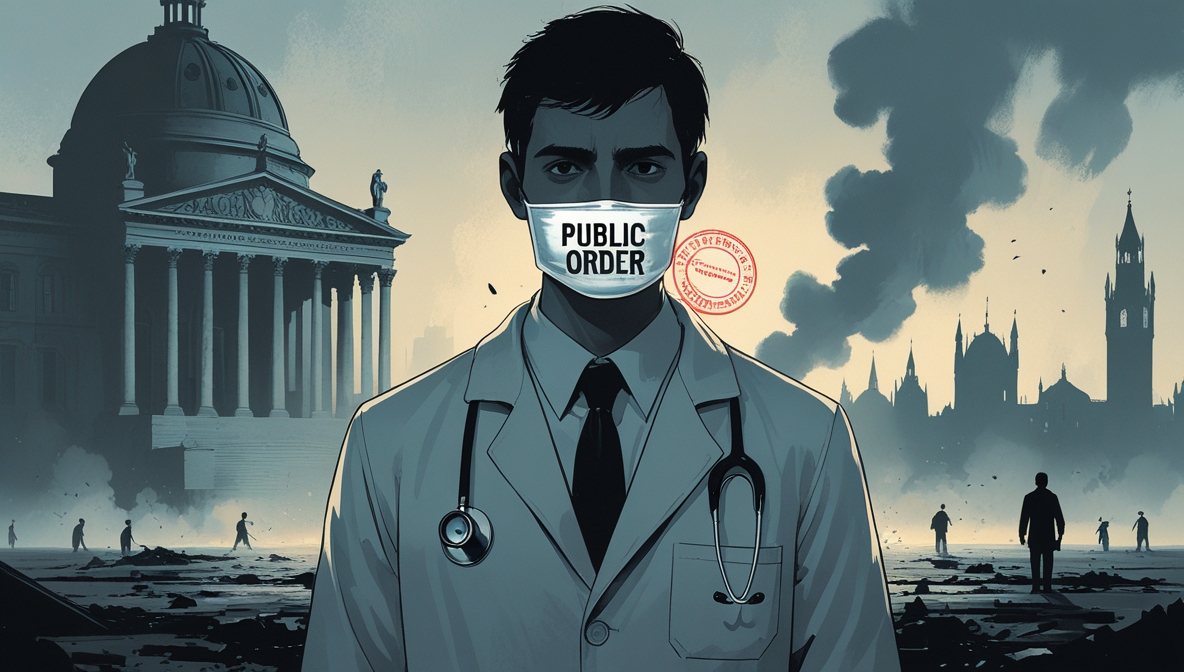 Ilustrasi editorial seorang dokter dengan mulut tertutup dokumen hukum, berlatar gedung pemerintahan dan bayangan krisis kemanusiaan, melambangkan pembungkaman suara kritis di Inggris.