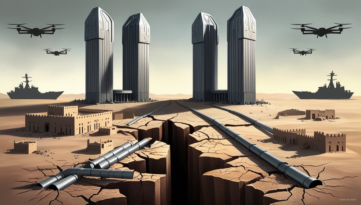 Symbolic editorial illustration showing Gulf powers overshadowing Hadramaut with military and economic influence, digambarkan lewat bayang-bayang gedung monolitik dan retakan tanah berisi pipa minyak