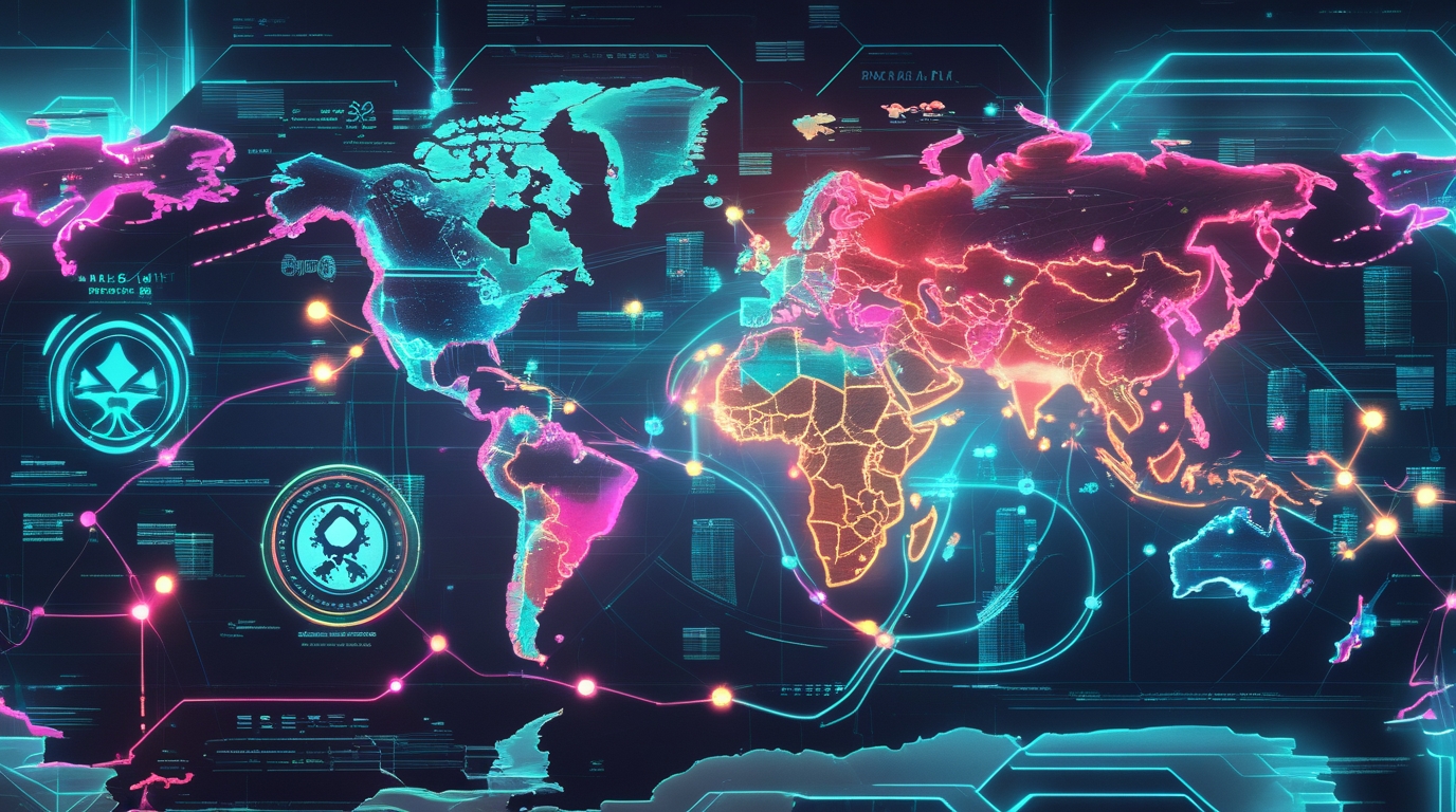 Futuristic editorial illustration of Russia and Iran strategizing on a glowing world map, connecting alternative trade routes around a Western-dominated bloc