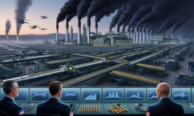 Editorial illustration of a Western weapons factory producing missiles and artillery, with executives observing rising profits while war-torn shadows of Gaza and Ukraine linger outside.