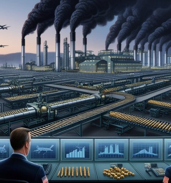 Editorial illustration of a Western weapons factory producing missiles and artillery, with executives observing rising profits while war-torn shadows of Gaza and Ukraine linger outside.