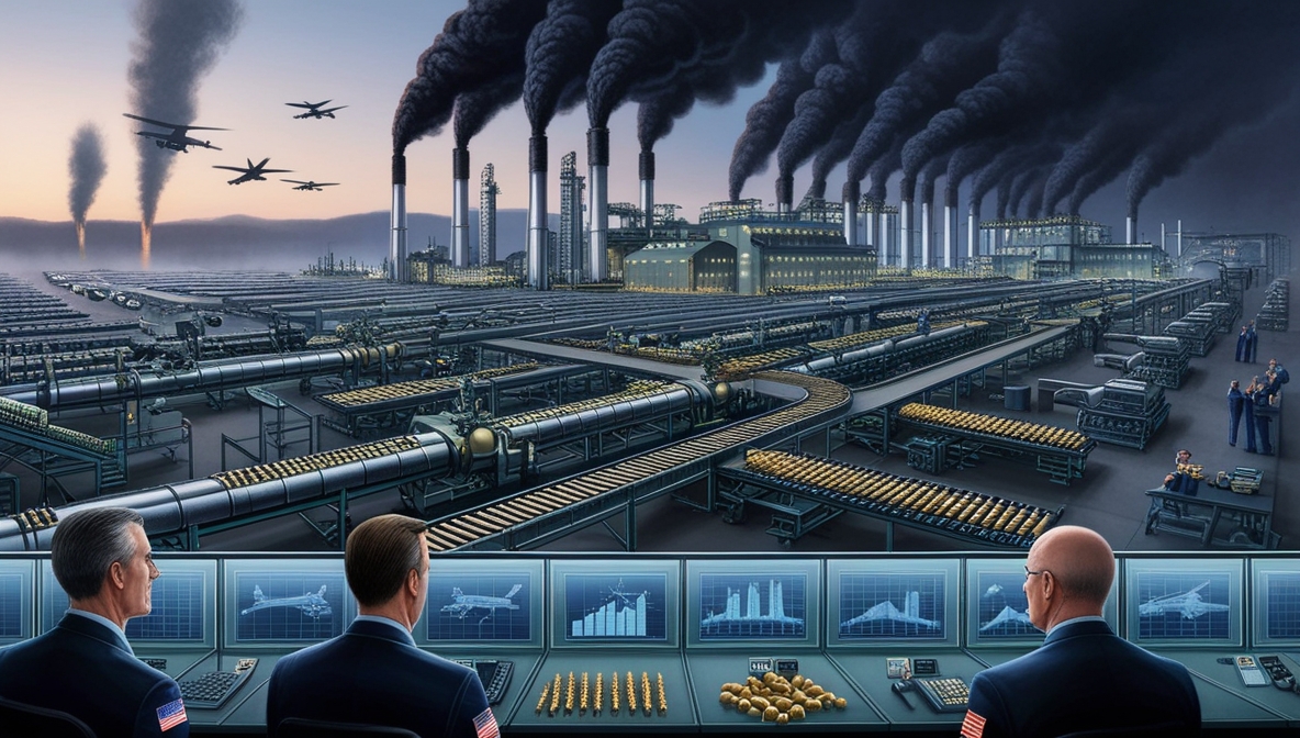 Editorial illustration of a Western weapons factory producing missiles and artillery, with executives observing rising profits while war-torn shadows of Gaza and Ukraine linger outside.