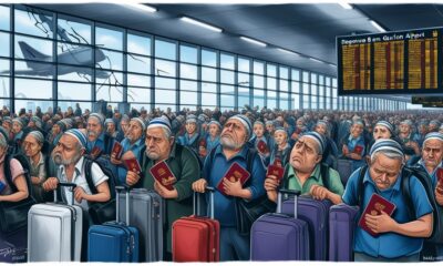 Suasana antrean panjang di Bandara Ben Gurion saat pemukim Israel menunggu keberangkatan untuk meninggalkan negara di tengah ketegangan regional.