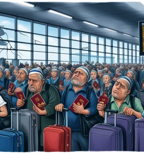 Suasana antrean panjang di Bandara Ben Gurion saat pemukim Israel menunggu keberangkatan untuk meninggalkan negara di tengah ketegangan regional.