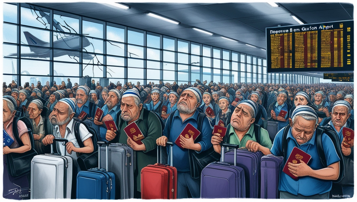 Suasana antrean panjang di Bandara Ben Gurion saat pemukim Israel menunggu keberangkatan untuk meninggalkan negara di tengah ketegangan regional.