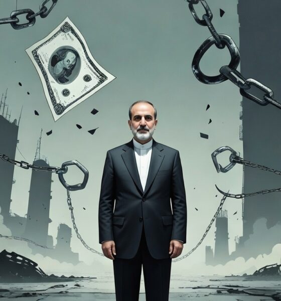 Ilustrasi editorial tentang perang senyap terhadap Iran, menampilkan Presiden Iran berdiri tenang di tengah tekanan ekonomi dan geopolitik global.