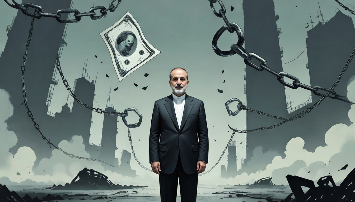 Ilustrasi editorial tentang perang senyap terhadap Iran, menampilkan Presiden Iran berdiri tenang di tengah tekanan ekonomi dan geopolitik global.