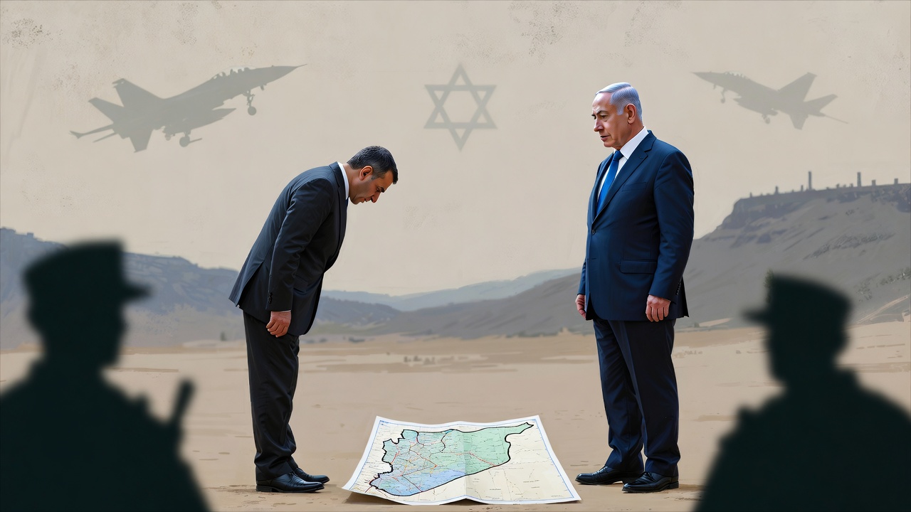 Ilustrasi editorial Suriah tunduk di kaki Netanyahu dalam relasi kuasa tidak setara