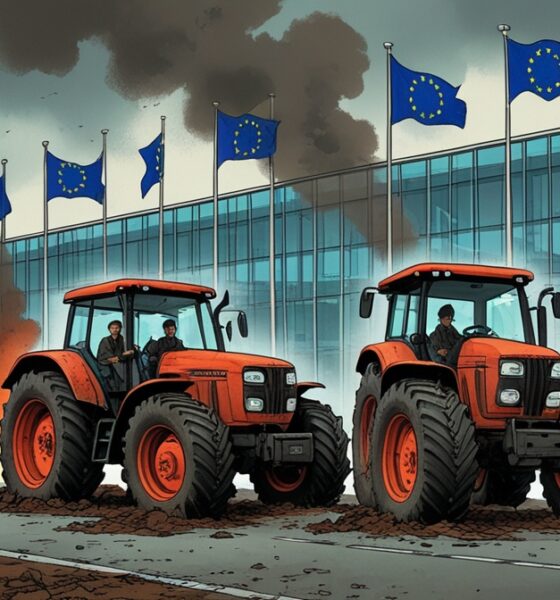 Ilustrasi editorial menunjukkan para petani Eropa berdiri di samping traktor berlumpur di jalan Brussels, berhadapan dengan gedung kaca Uni Eropa tempat para politisi tampak bersantap di balik dinding transparan, dipisahkan asap ban terbakar dan bendera Uni Eropa.