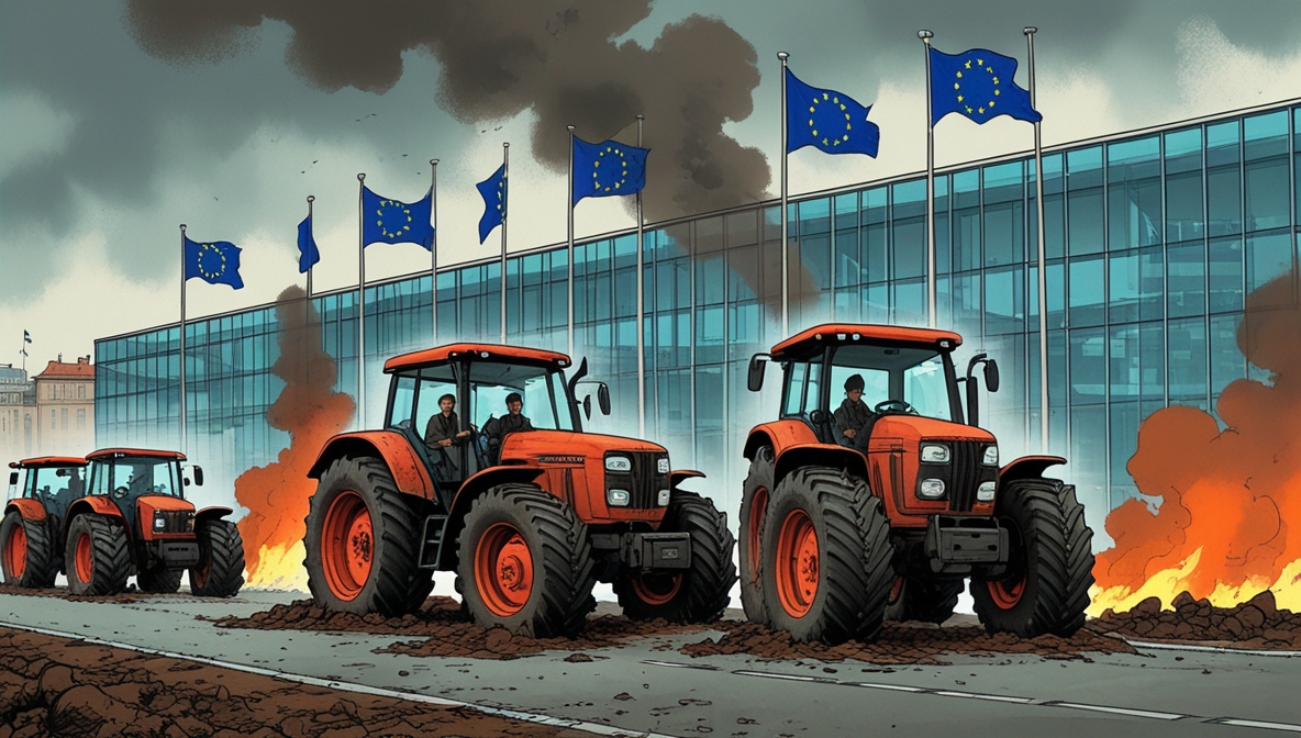 Ilustrasi editorial menunjukkan para petani Eropa berdiri di samping traktor berlumpur di jalan Brussels, berhadapan dengan gedung kaca Uni Eropa tempat para politisi tampak bersantap di balik dinding transparan, dipisahkan asap ban terbakar dan bendera Uni Eropa.